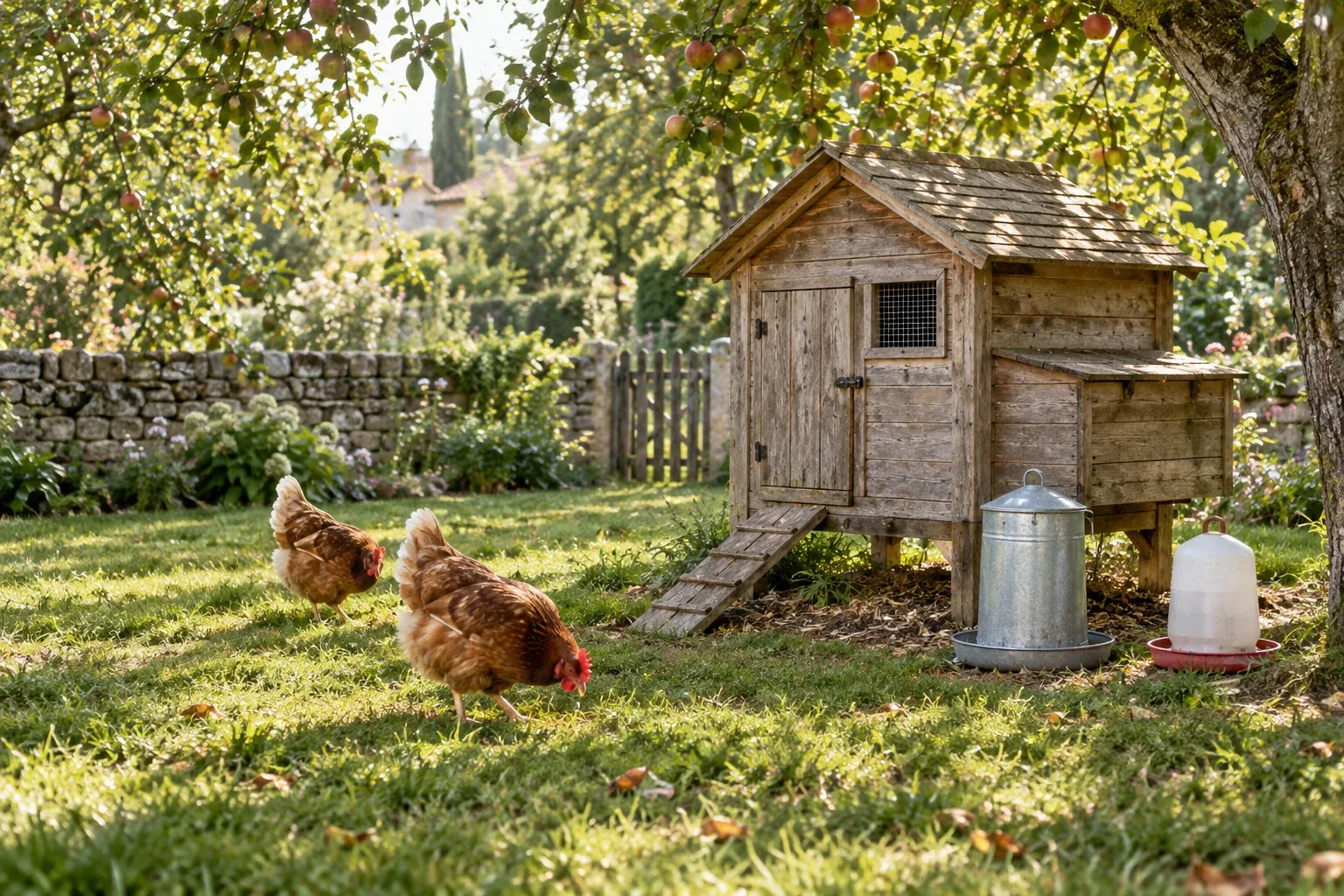 Illustrative timber chicken coop, feeder and drinker in a sunlit orchard with two hens