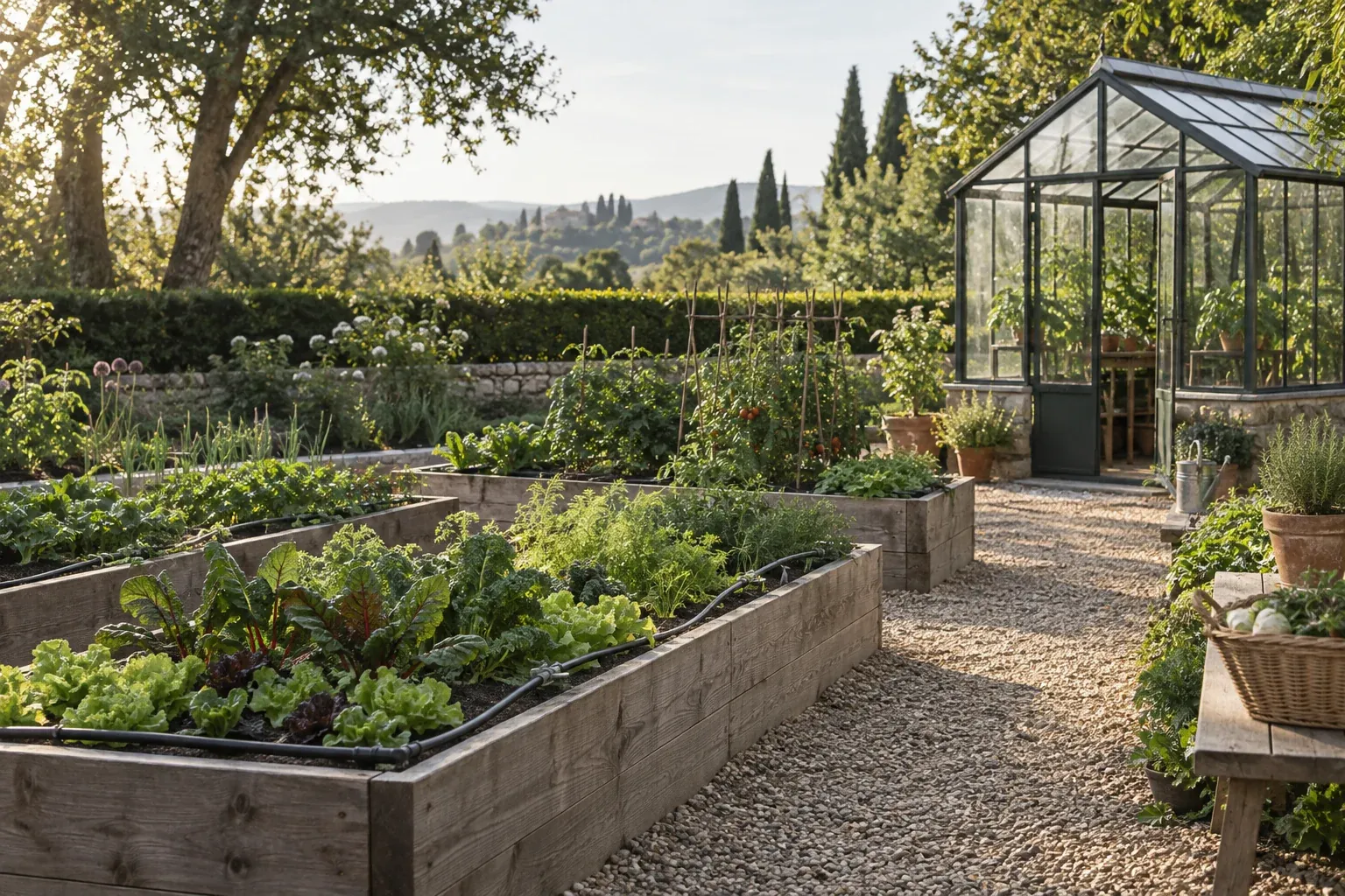 Illustrative garden with planted raised beds, irrigation lines and a small glass greenhouse