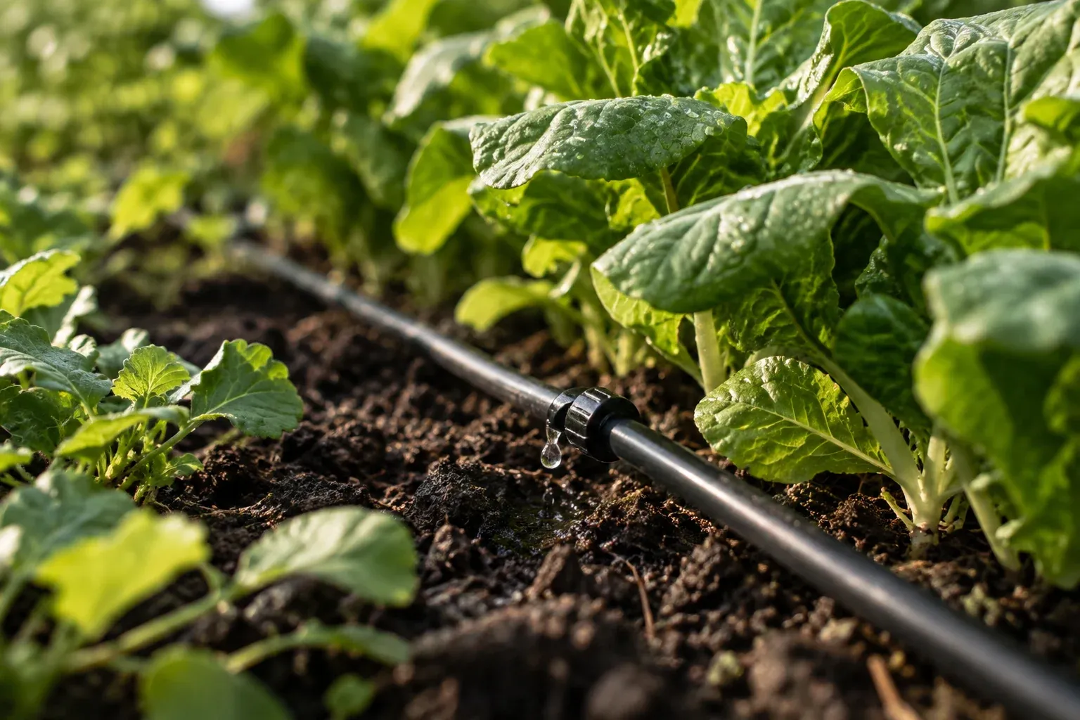 Illustrative close-up of drip irrigation beside leafy vegetables in garden soil